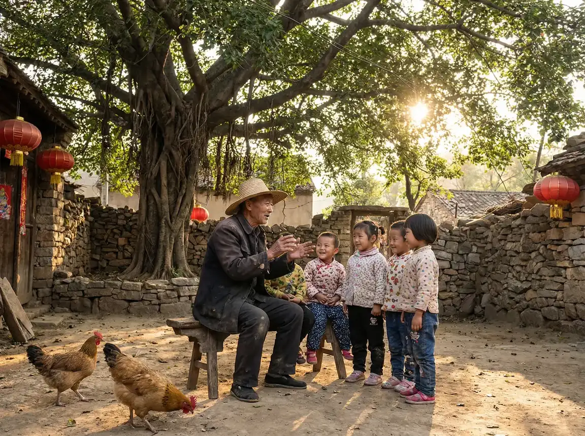 老人在大榕树下给孩子们讲故事 - 我的XL上司带翻译无马赛樱花 乡村记忆